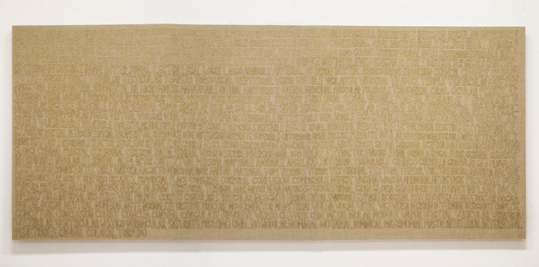 Carols Arias, Bilingual, embroidery on unbleached flax, 45 x 110 in., 2014.