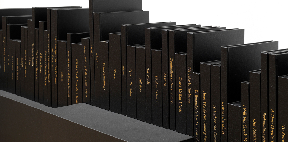 Brendan Fernandes, Devils Noise, 80 hand-bound books with gold foil stamping and black linen paper, dimensions variable, 2011.