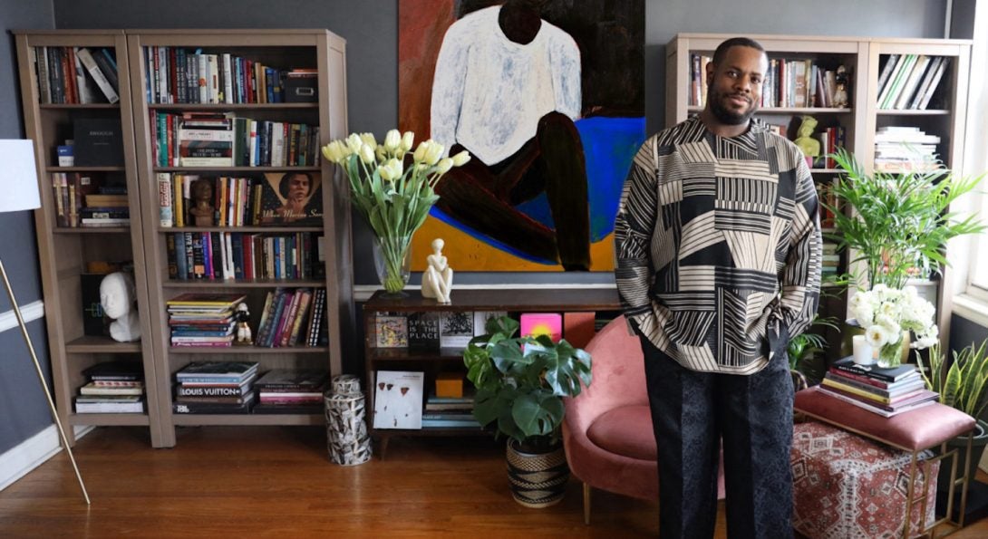 DANNY DUNSON IN HIS CHICAGO HOME FEATURING THE ART OF PATRICK EUGENE, 