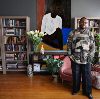 DANNY DUNSON IN HIS CHICAGO HOME FEATURING THE ART OF PATRICK EUGENE, 
