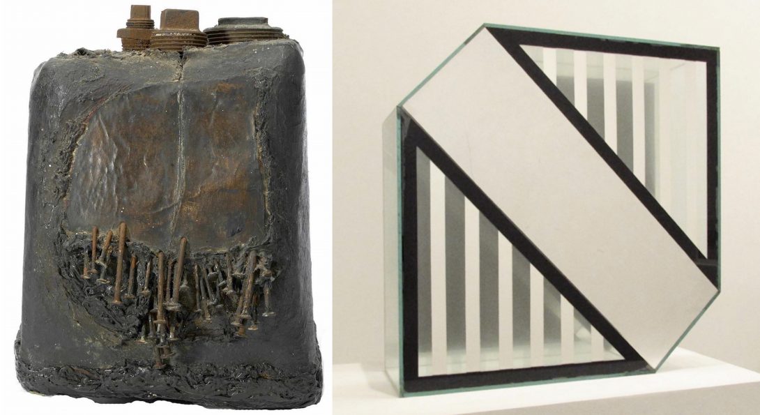 Ed Bereal, Summer Mechanic, 1958-59. Stretched canvas with mixed media, 9 x 6 x 4.5 in. Tilton Gallery, New York. Larry Bell, The Aquarium, 1962–63. Mirror, glass, paint, silver leaf, 24 × 24 × 8 in. Hauser & Wirth Gallery, US