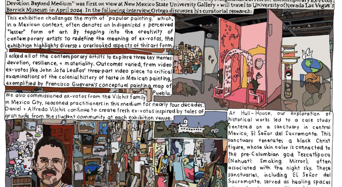 The exhibition and Emmanuel Ortega rendered as a comic
