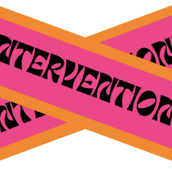 Crisscrossed banners of pink and orange with the word 