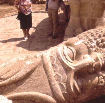 Nineveh, Nebi Yunus. Head of Assyrian gate sculpure (lamassu) during the Iraqi Excavations (May 1990).
                  